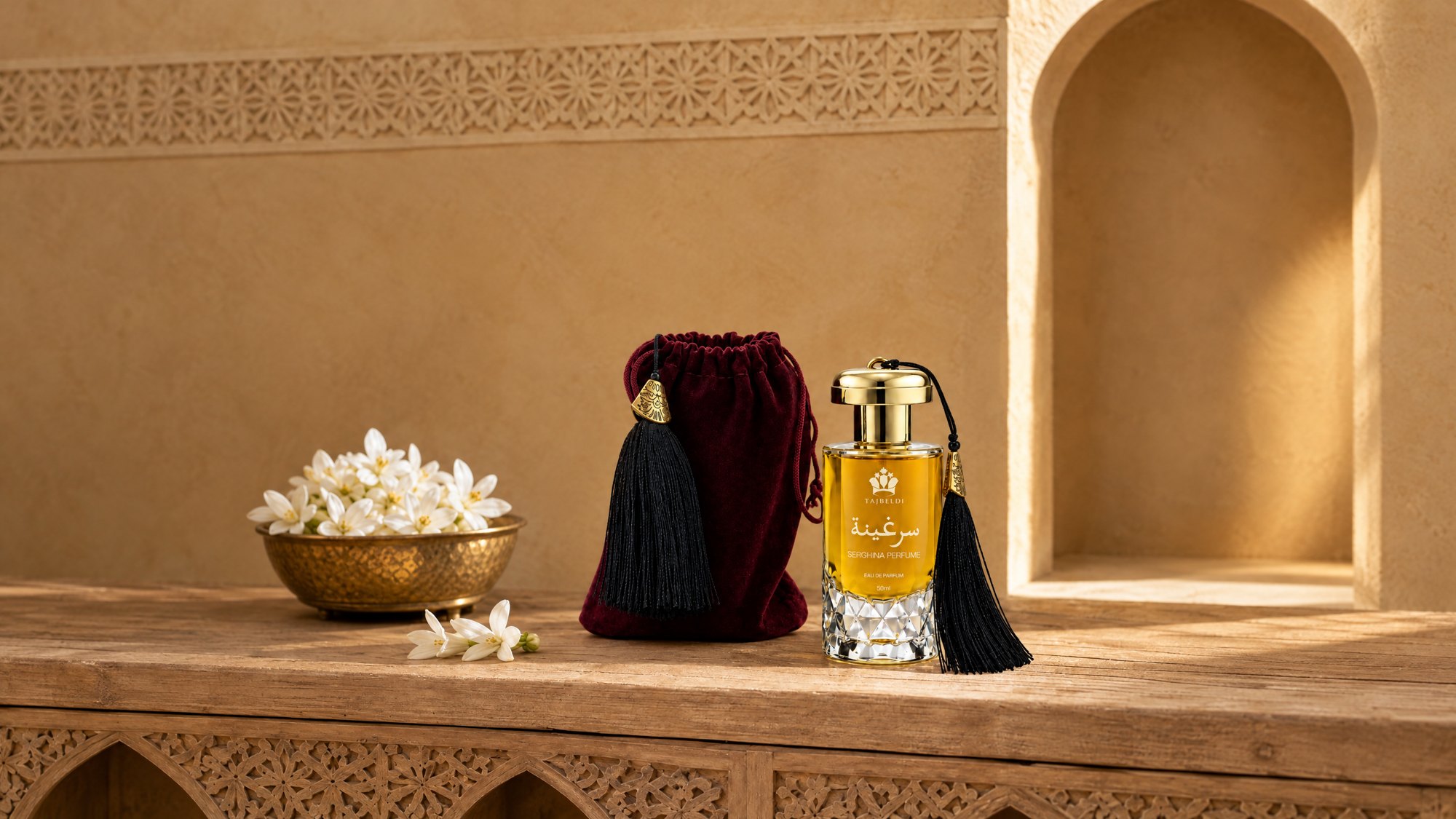 Serghina perfume and velvet pouch on a carved wooden shelf with orange blossom