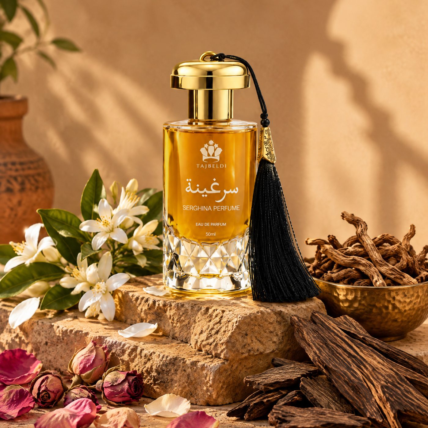 Serghina perfume on stone with orange blossom, dried roses and serghina roots